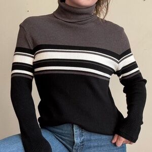 Carolyn Taylor Black and Gray Striped Turtleneck Sweater